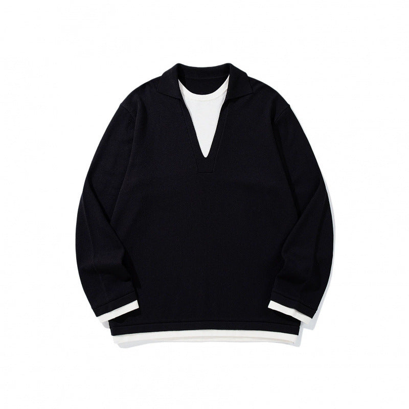 Unisex Oversize Knit Sweater with Open V-Neck and Shirt Collar Mune Fashion