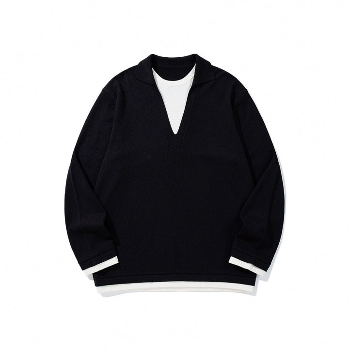 Unisex Oversize Knit Sweater with Open V-Neck and Shirt Collar Mune Fashion