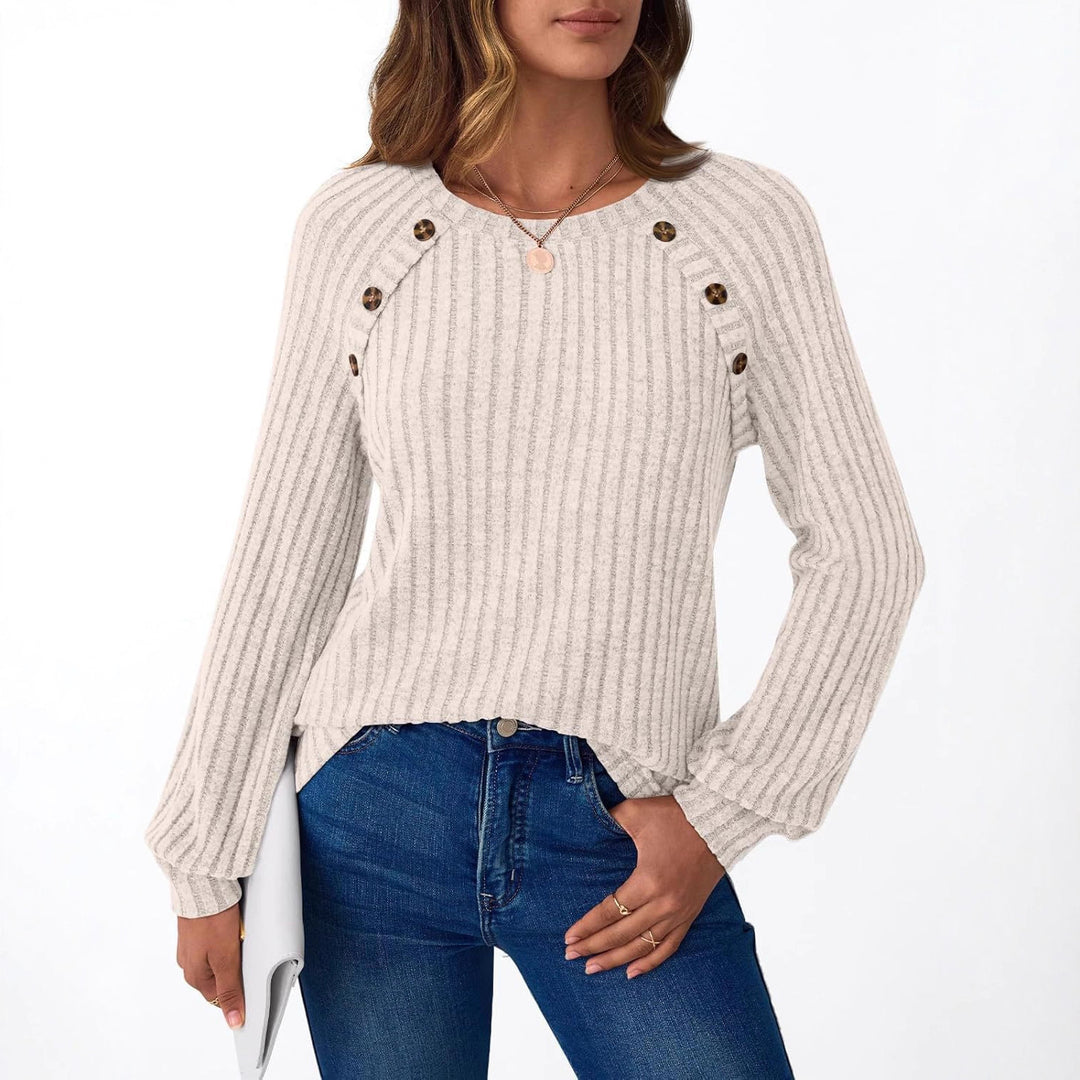 Women's Ribbed Knit Sweater with Decorative Button Placket on Raglan Sleeves Mune Fashion