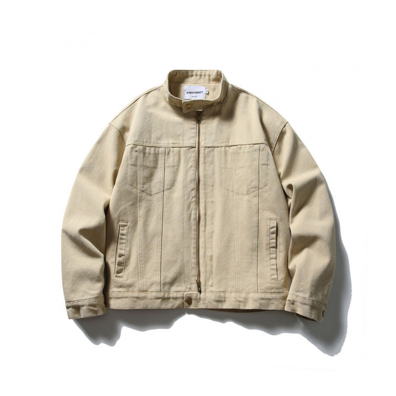 Men's Boxy Canvas Jacket with Stand-Up Collar, Zipper and Seam Panels Mune Fashion