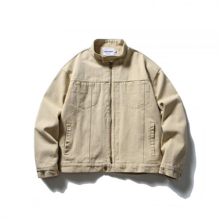 Men's Boxy Canvas Jacket with Stand-Up Collar, Zipper and Seam Panels Mune Fashion