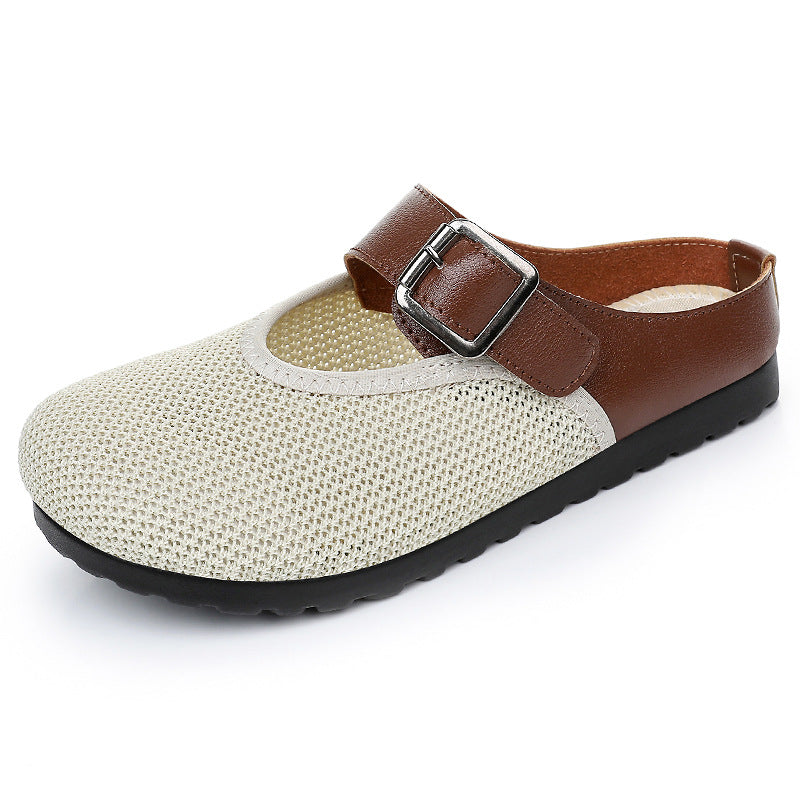 Women knitted comfort mule with adjustable leather strap, breathable knitted upper and cushioning EVA outsole Mune Fashion