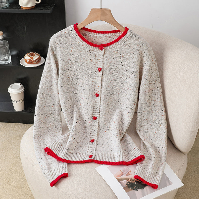 Women's Speckled Cardigan with Contrast Edges and Heart Buttons Mune Fashion