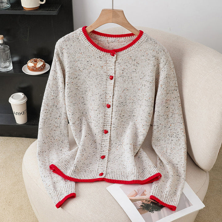Women's Speckled Cardigan with Contrast Edges and Heart Buttons Mune Fashion