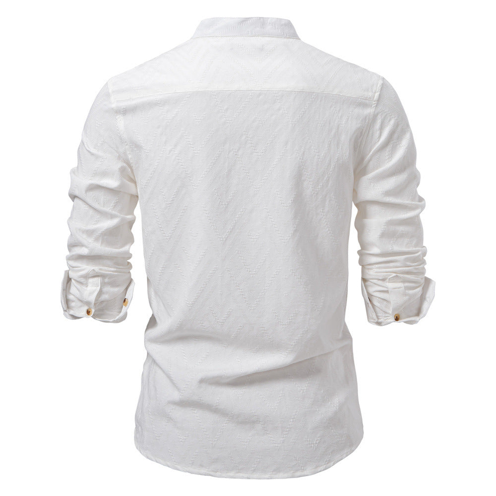 Men's jacquard shirt with stand-up collar, half button placket, and wood-look buttons Mune Fashion