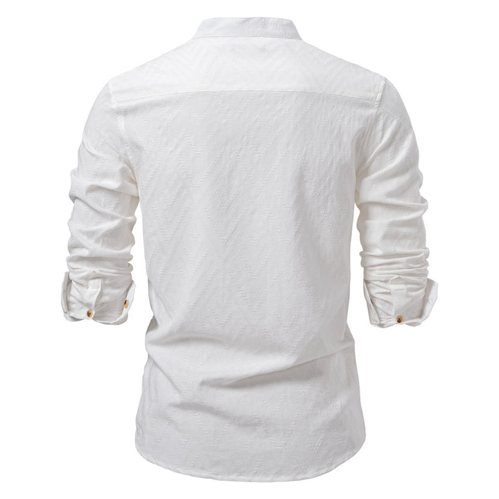 Men's jacquard shirt with stand-up collar, half button placket, and wood-look buttons Mune Fashion