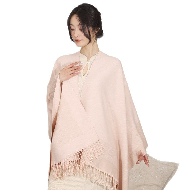 Women's Rectangular Wool Blend Poncho with Open Front, Fine Overlock Stitching and Fringed Hem Mune Fashion