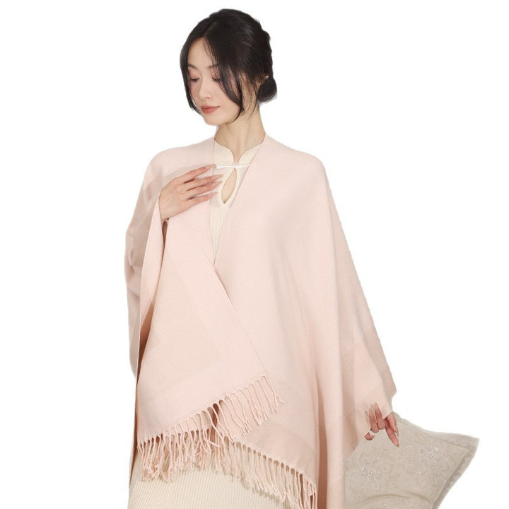 Women's Rectangular Wool Blend Poncho with Open Front, Fine Overlock Stitching and Fringed Hem Mune Fashion