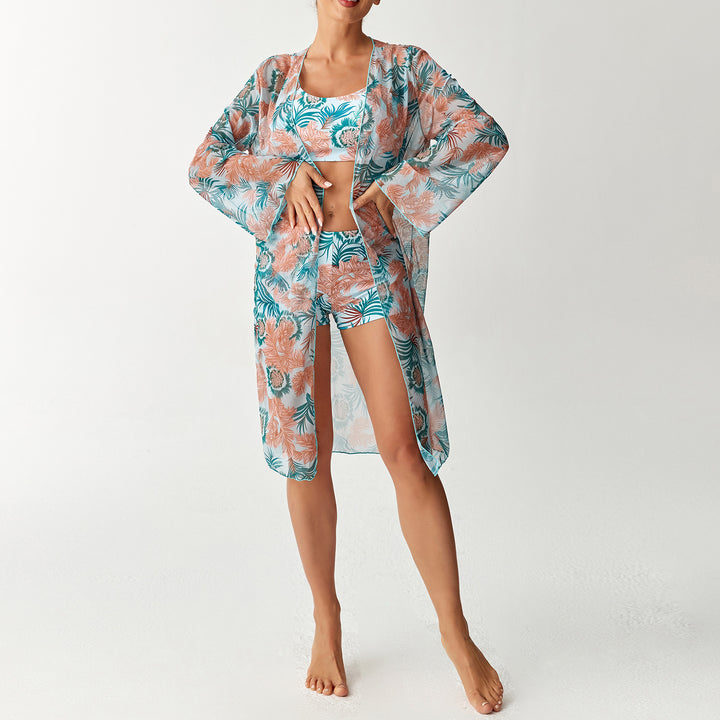 Women's beach outfit with floral design and transparent kaftan Mune Fashion