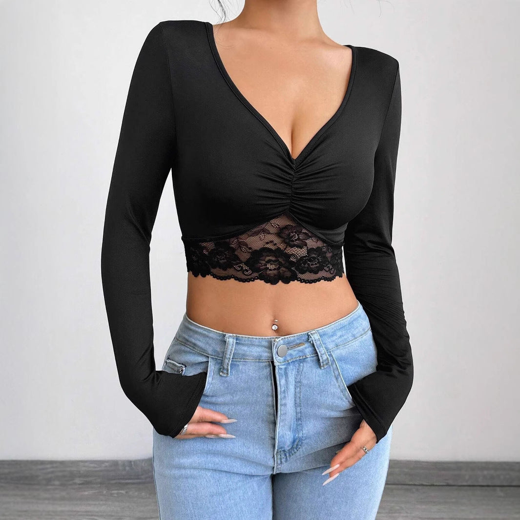 Ladies nan tailored long sleeve crop top with deep V-neck, gathering and lace hem Mune Fashion
