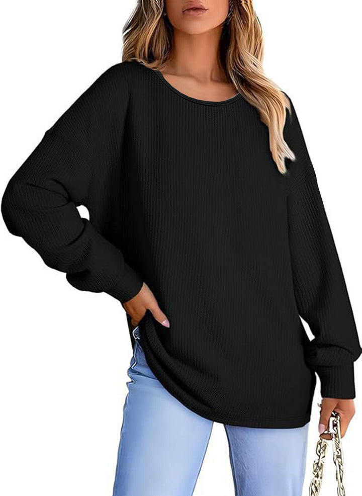 Women's Oversize Waffle Knit Sweater with Round Neck, Balloon Sleeves, and Extended Hem Mune Fashion