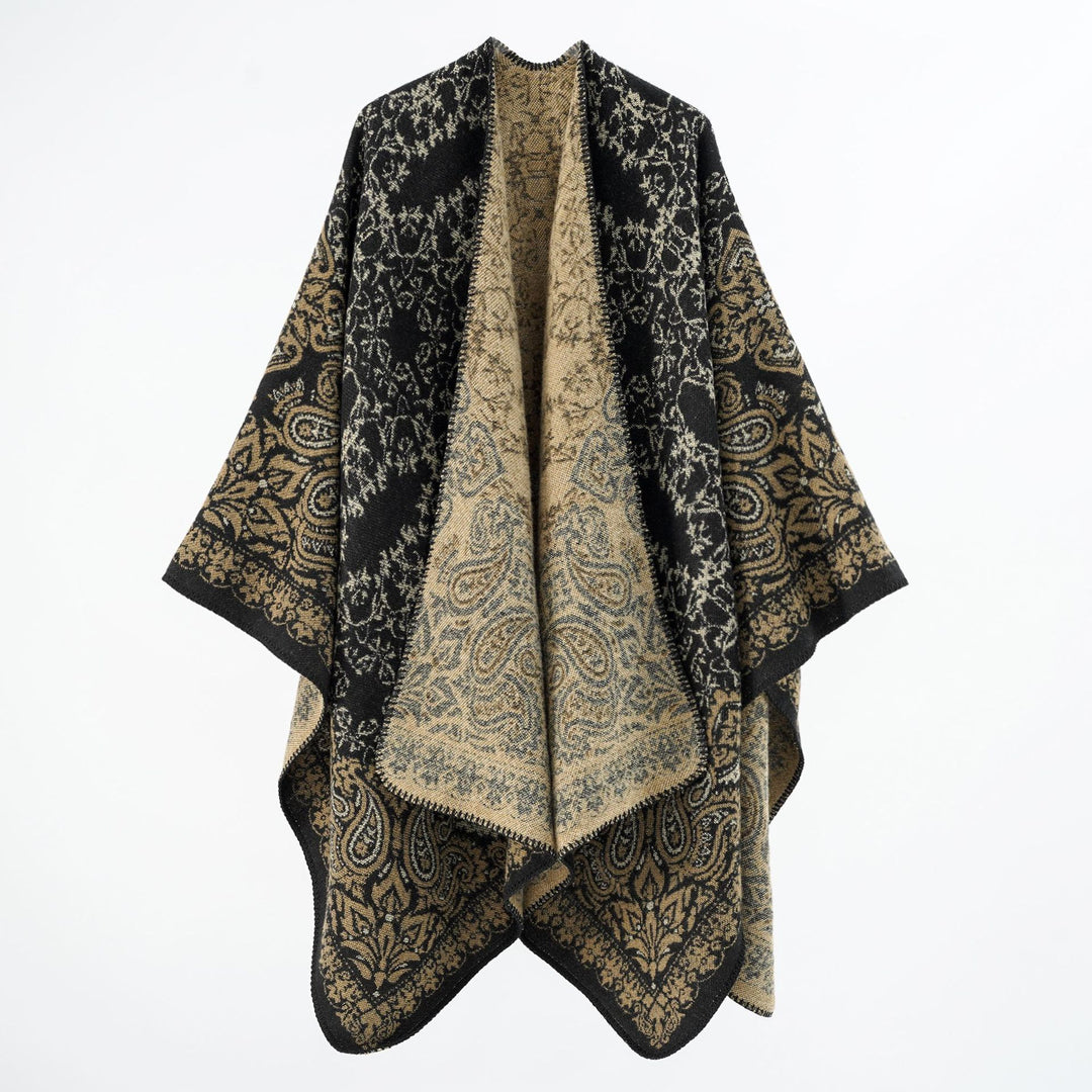 Women's overlay poncho in double-face jacquard with paisley inspiration and decorative stitch edge Mune Fashion