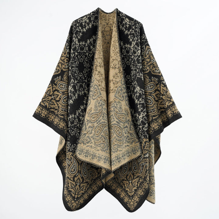 Women's overlay poncho in double-face jacquard with paisley inspiration and decorative stitch edge Mune Fashion