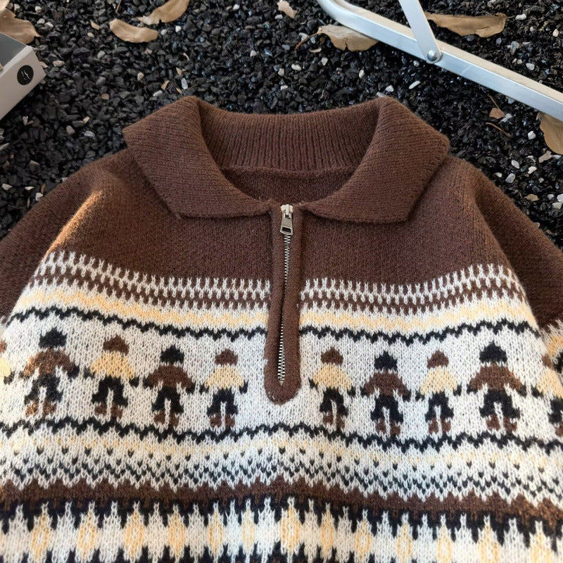 Women's Jacquard Half-Zip Sweater with Polo Collar and Norwegian Intarsia Mune Fashion