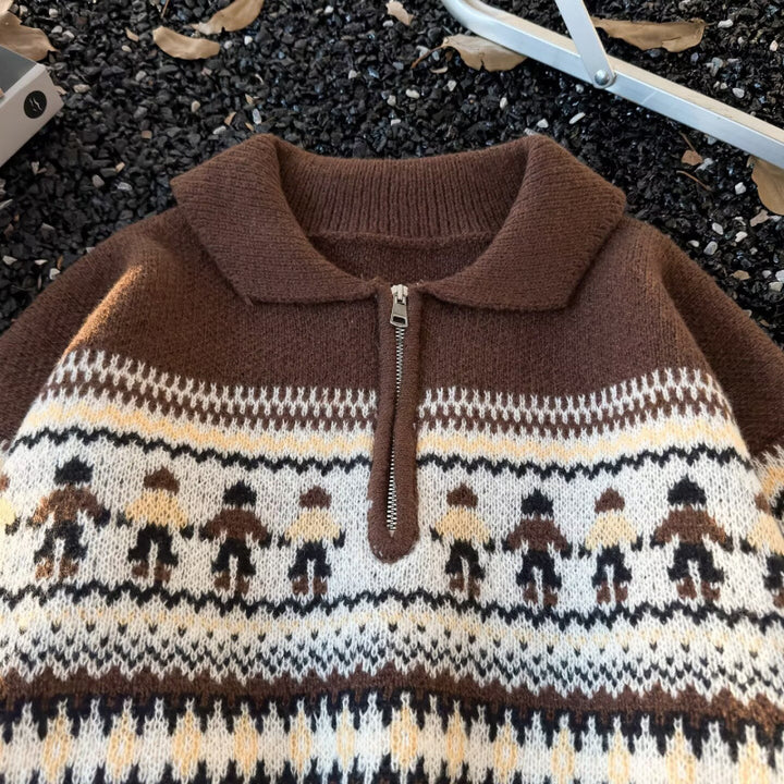 Women's Jacquard Half-Zip Sweater with Polo Collar and Norwegian Intarsia Mune Fashion