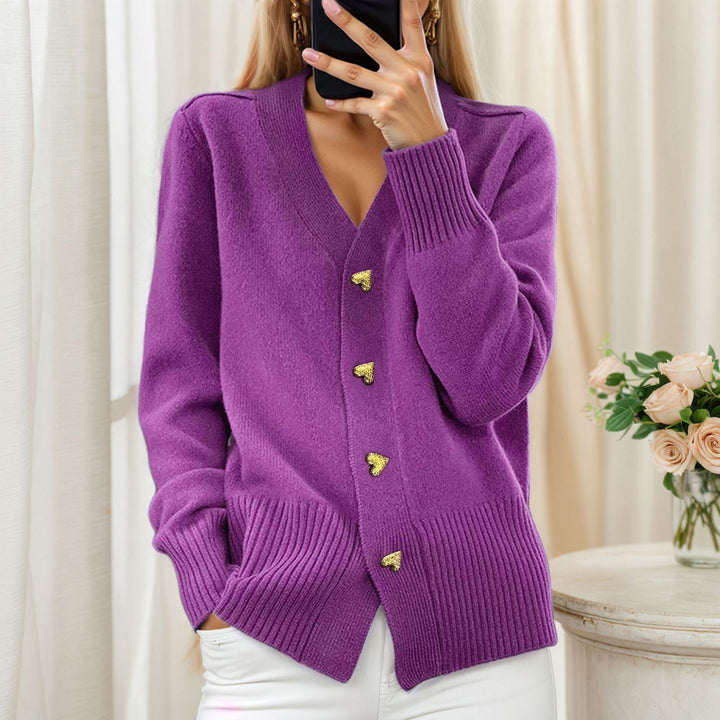 Women's loose knit cardigan with heart buttons and ribbed hem Mune Fashion