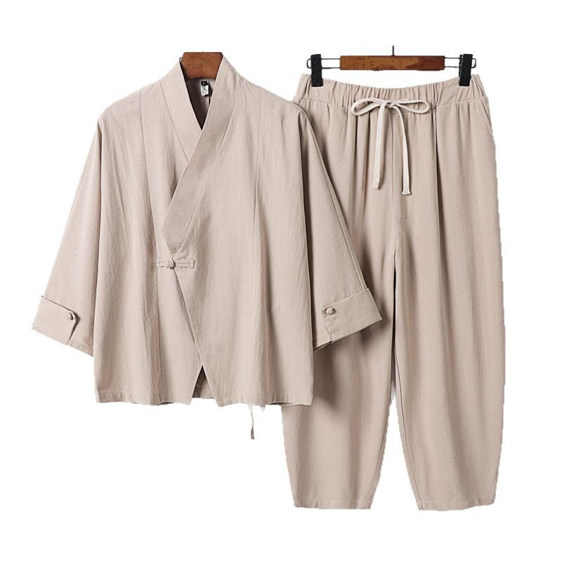 Men's Breathable Linen-Cotton Lounge Set with Asymmetrical V-Neck and Elastic Cord Pants Mune Fashion