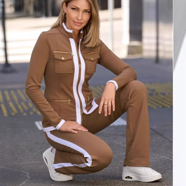 Ladies casual tracksuit in blazer style with zip jacket and side stripes Mune Fashion