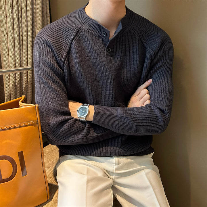 Men's fine knit Henley pullover with raglan sleeves and fine rib structure Mune Fashion