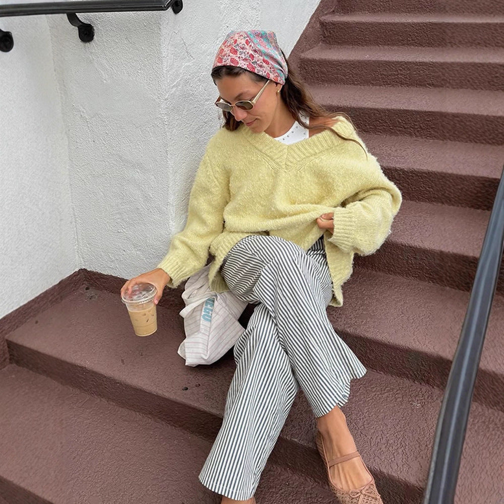Women's Oversized Plush Sweater with Deep V-Neck and Voluminous Sleeves Mune Fashion