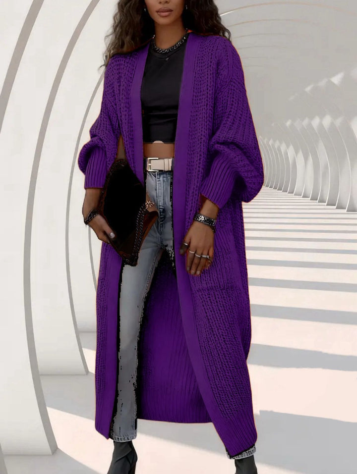 Women Long Open Chunky Knit Coat Cardigan with Braided Structure and Dropped Shoulder Mune Fashion