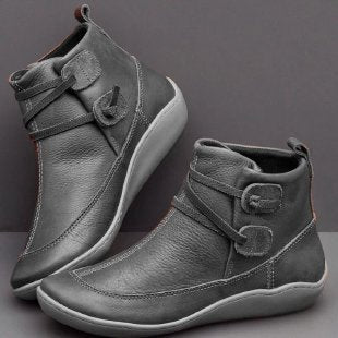 Women Ankle-Height Comfort Boots in Leather Look with Velcro Straps and Elastic Lacing Mune Fashion