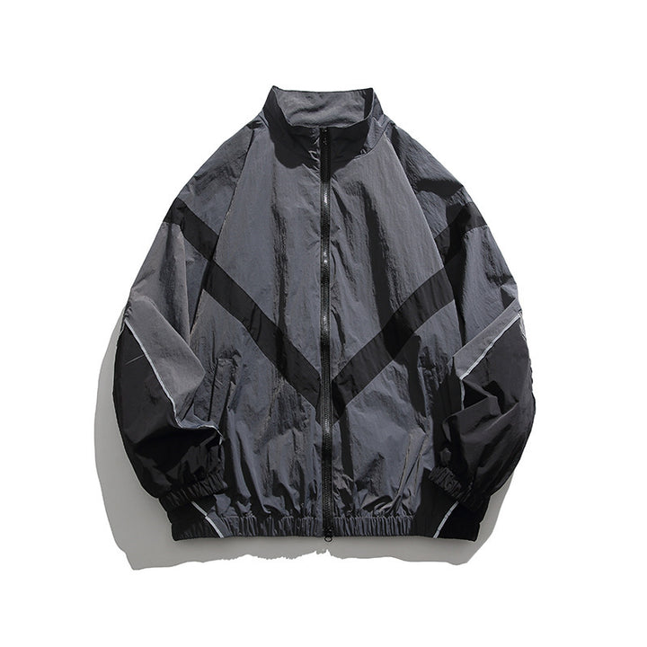 Men's Lightweight Oversize Windbreaker Jacket with Chevron Panels, Stand Collar and Elastic Hem Mune Fashion
