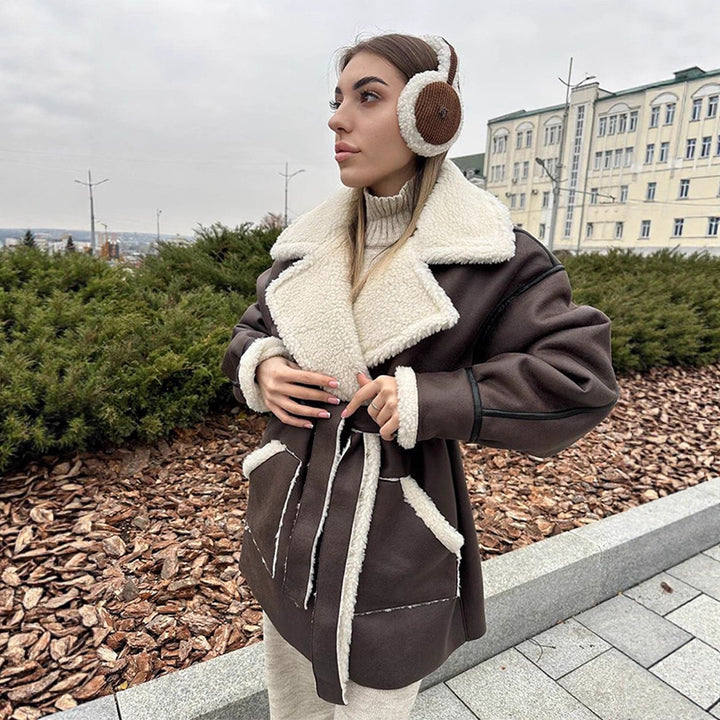 Women Oversized Sheepskin Imitation Coat with Contrasting Shawl Collar and Tied Belt Mune Fashion