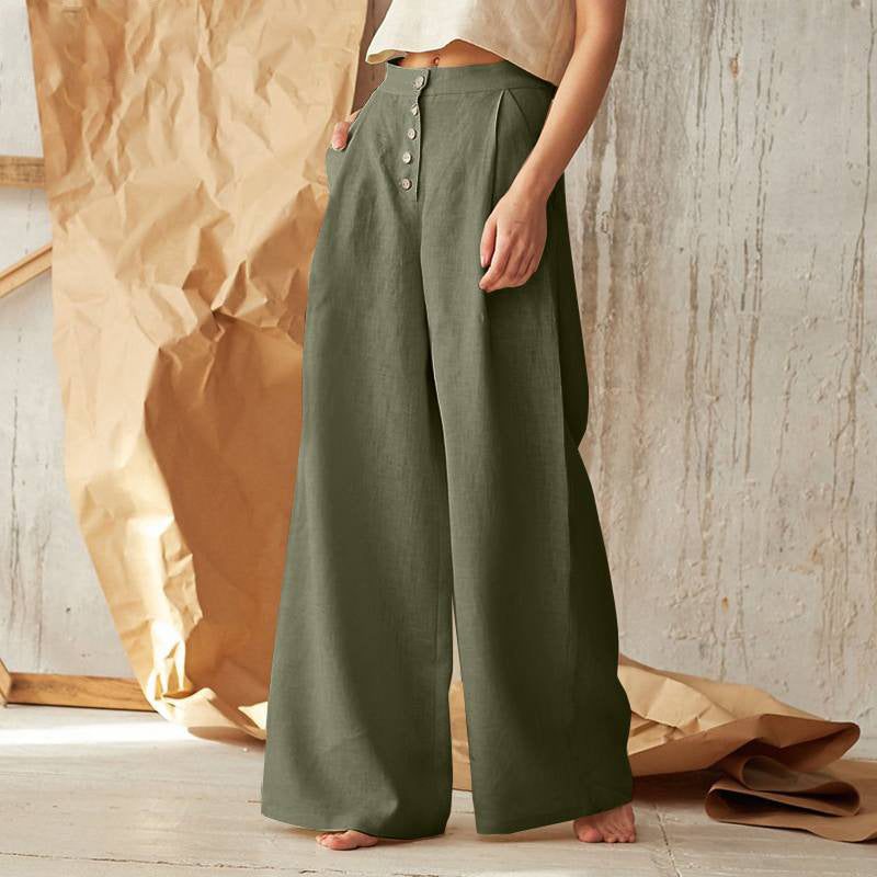 Women's wide linen pants with high waist and side pockets Mune Fashion