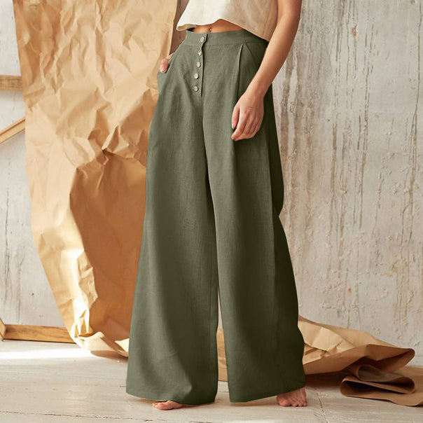 Women's wide linen pants with high waist and side pockets Mune Fashion