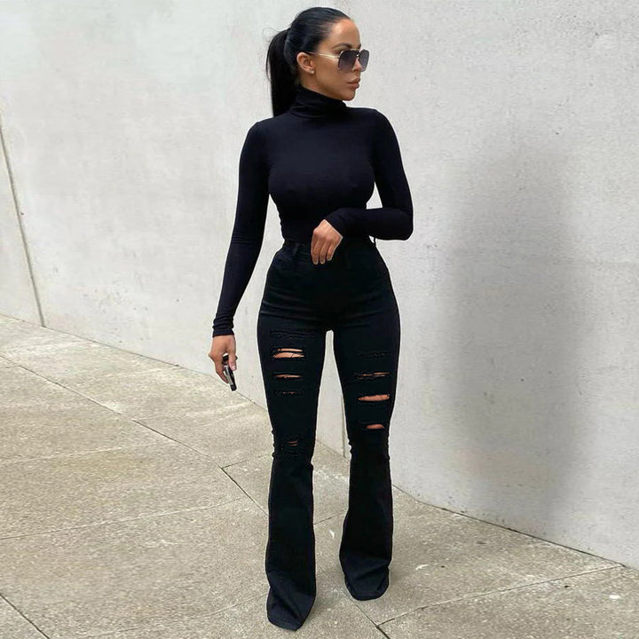 Ladies High-Cut Flared Jeans with Eye-Catching Horizontal Rips and Sculpting Cut Mune Fashion