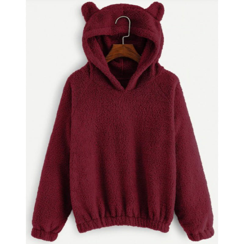 Women's Cozy Teddy Hooded Sweater with Bear Ears and Drawstring Hem Mune Fashion