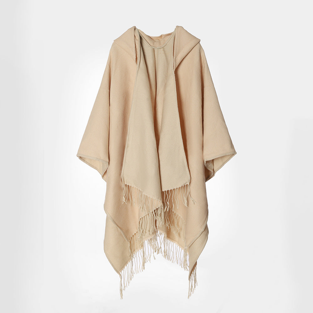 Women's hooded cape made of wool blend with reversible function and fringe hem Mune Fashion