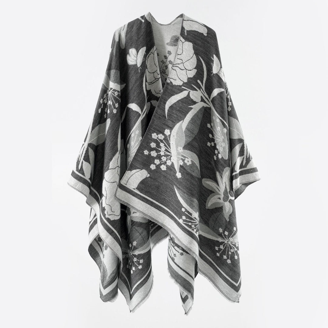 Women's floral jacquard overlay in a boxy kimono silhouette with fine fringe edge Mune Fashion
