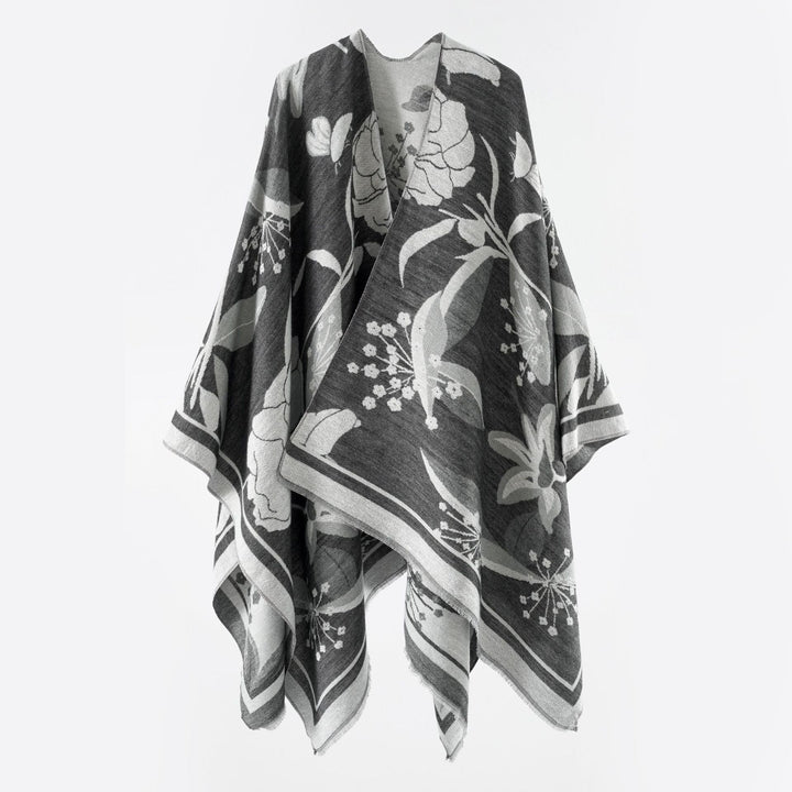 Women's floral jacquard overlay in a boxy kimono silhouette with fine fringe edge Mune Fashion