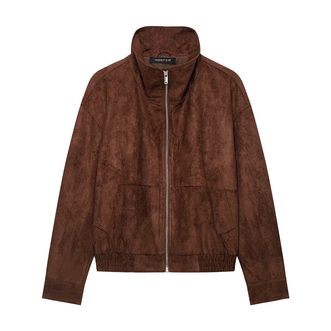 Women's Suede Look Bomber Jacket with High Funnel Collar and Elastic Cuffs