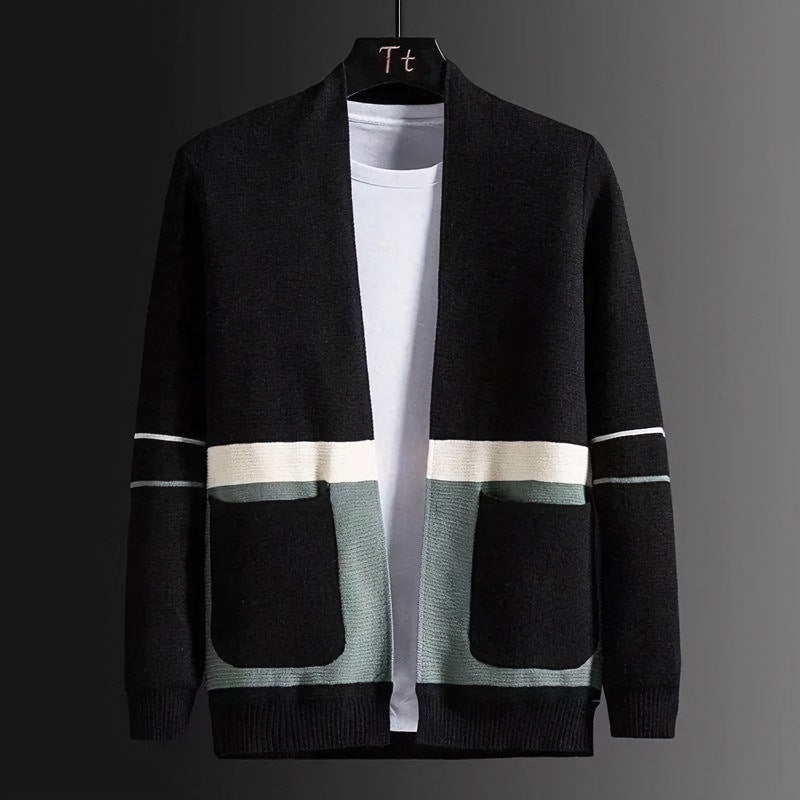 Men's Open Knit Jacket in Colorblock Design with Applied Pockets and Ribbed Hem Mune Fashion