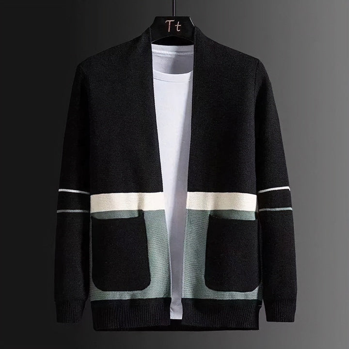 Men's Open Knit Jacket in Colorblock Design with Applied Pockets and Ribbed Hem Mune Fashion