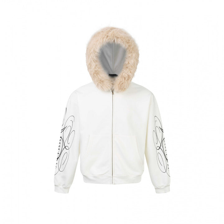 Unisex Oversize hoodie jacket with faux fur trim, zipper and graphic sleeves Mune Fashion
