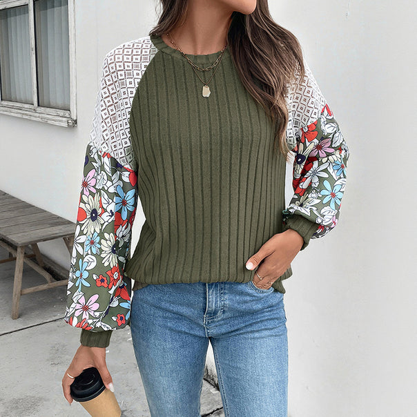 Women's Ribbed Knit Sweater with Crochet Shoulder & gMune Fashion Balloon Sleeves Mune Fashion
