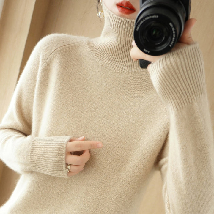 Women's Luxury Fine Knit Turtleneck Sweater with Thumbhole Cuffs and Feminine Shoulder Yoke Mune Fashion
