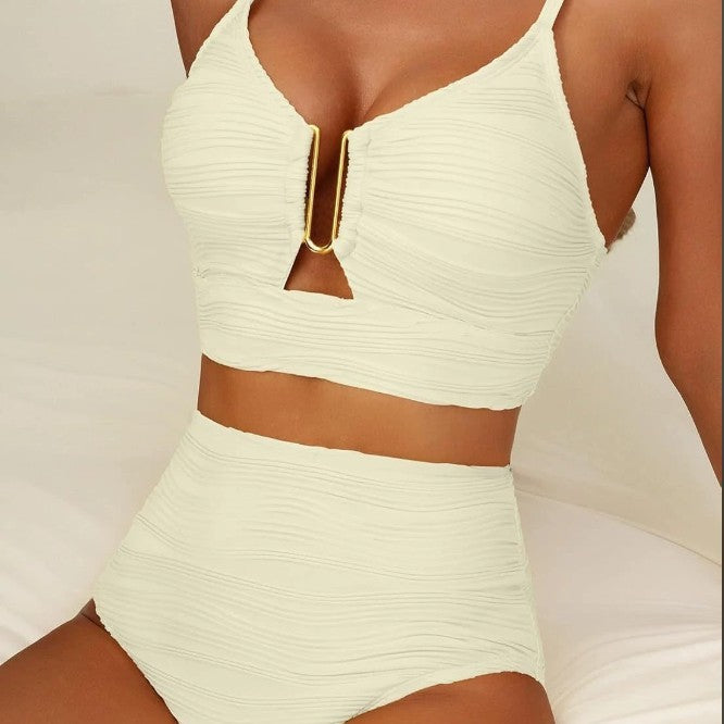 Women's High-Waisted Bikini Set with Fashionable Cut-Out Mune Fashion