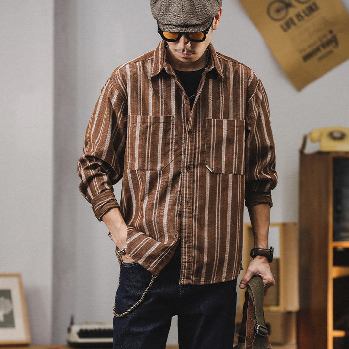 Men Striped Overshirt-Shirt made of Cotton-Linen with Chest Pockets Mune Fashion