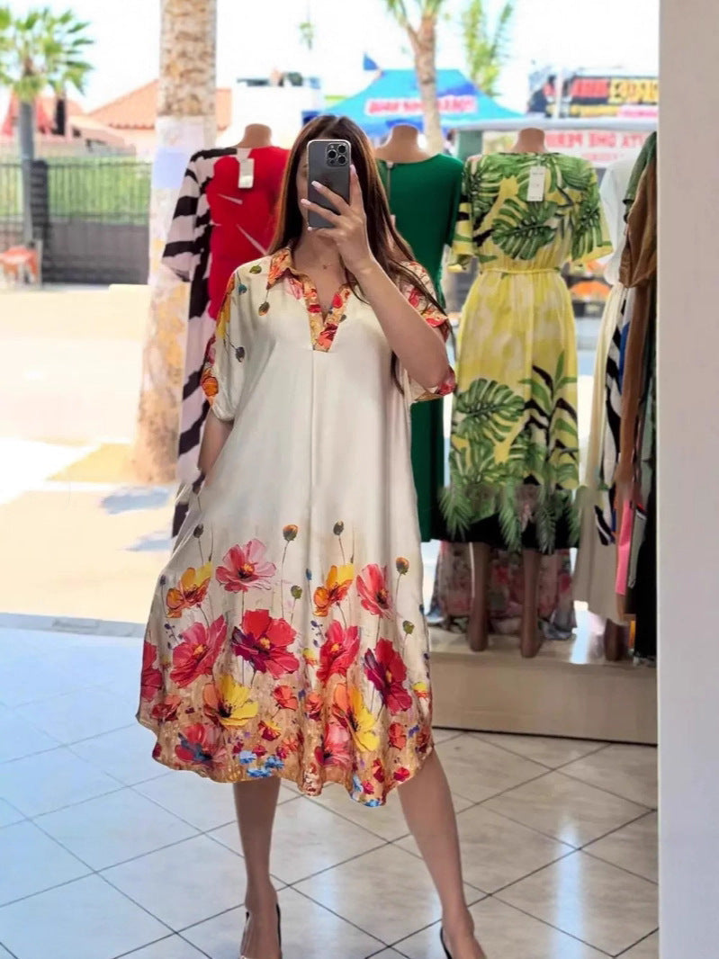 Women's lightweight shirt dress with floral border print, open V-neck and side pockets Mune Fashion
