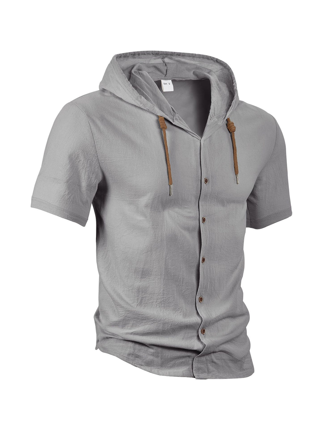 Men's crinkled short-sleeve hooded shirt made of cotton with button placket and drawstring Mune Fashion