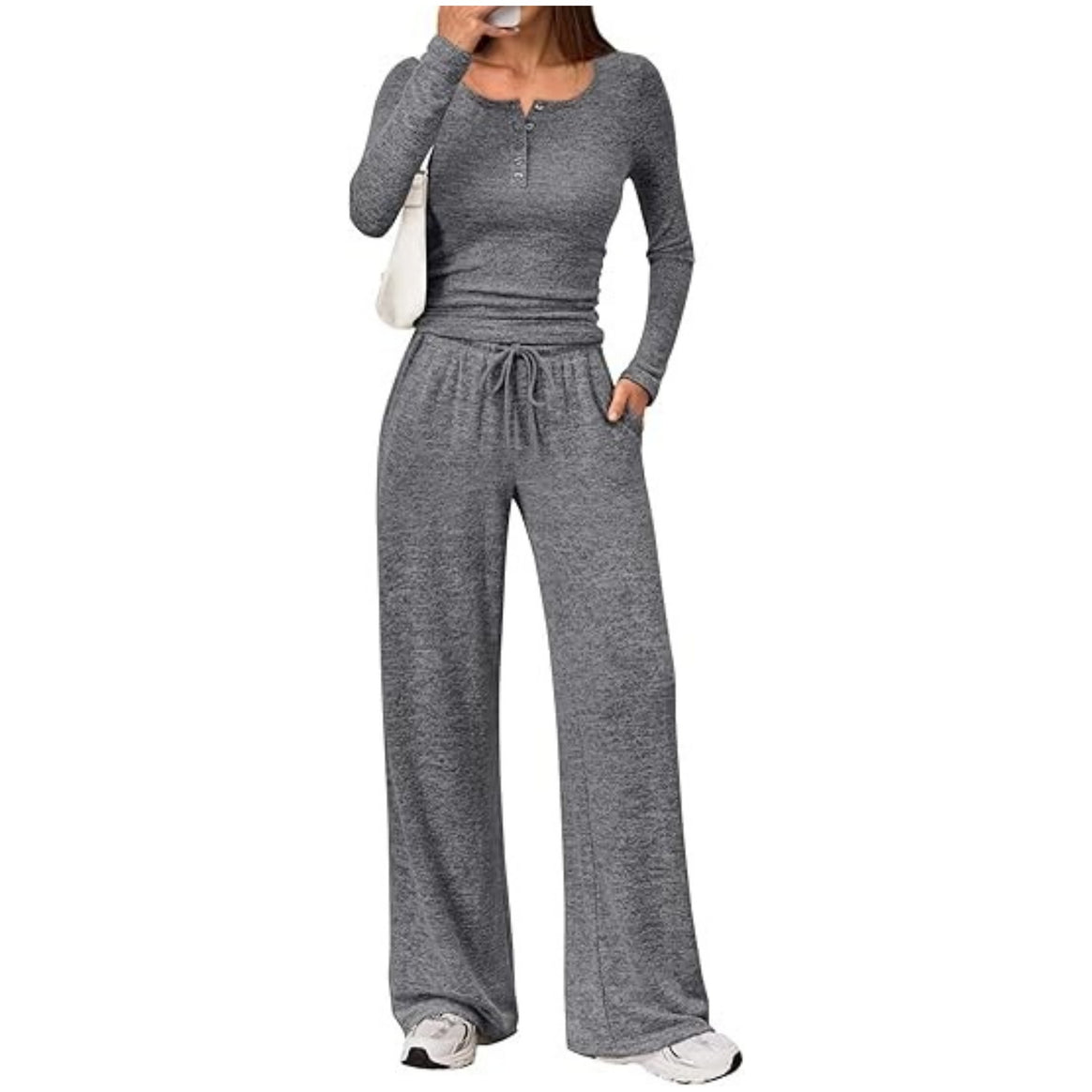 Women's Two-Piece Fine Knit Lounge Set with Henley Top and Palazzo Pants Mune Fashion