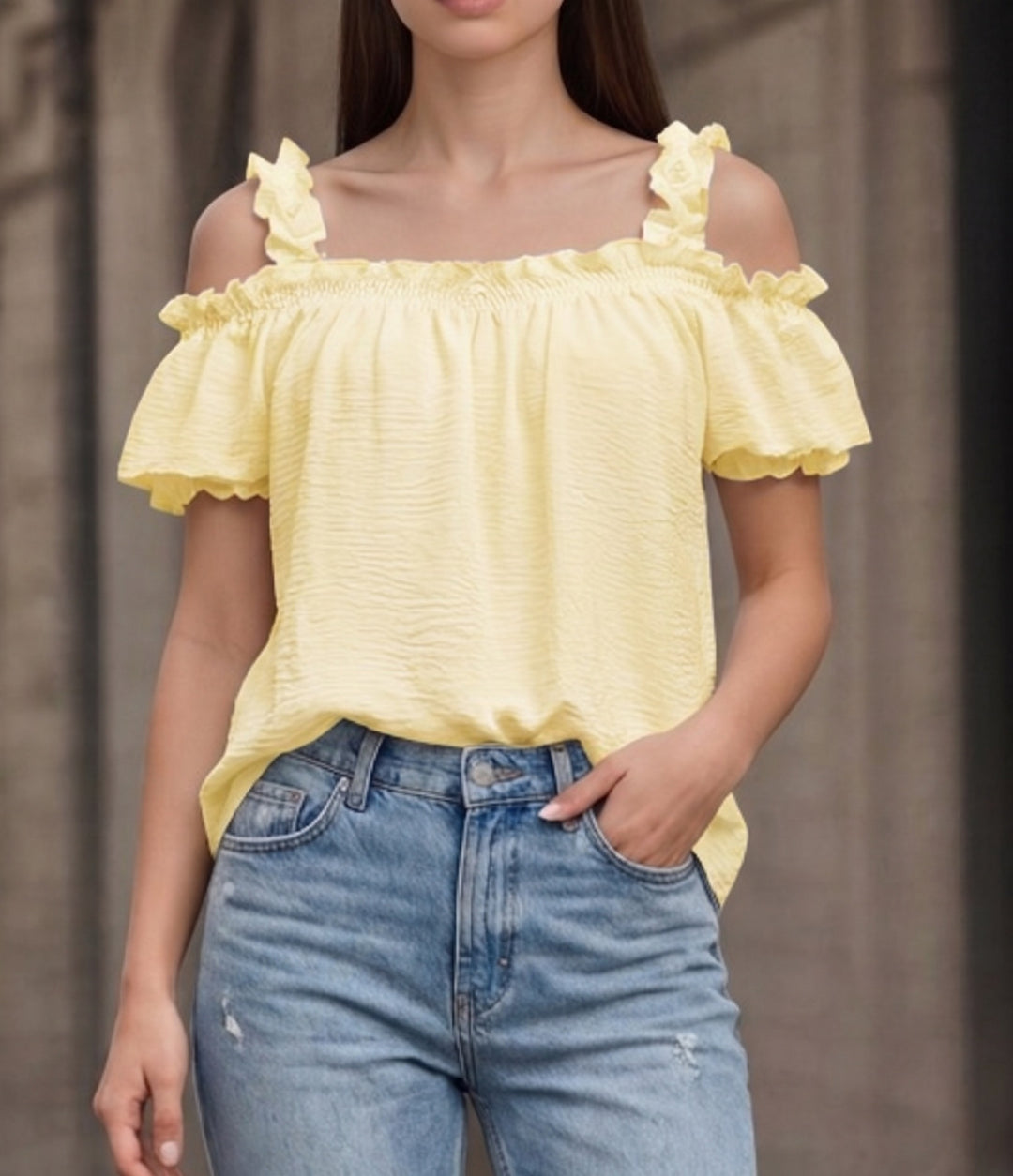 Women's Off-Shoulder Crinkle Top with Smocked Bandeau, Ruffled Straps and Wing Sleeves Mune Fashion
