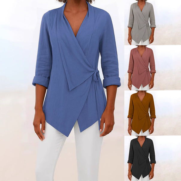 Women's Asymmetrical Wrap Blouse with Shawl Collar and 3/4 Sleeves Mune Fashion