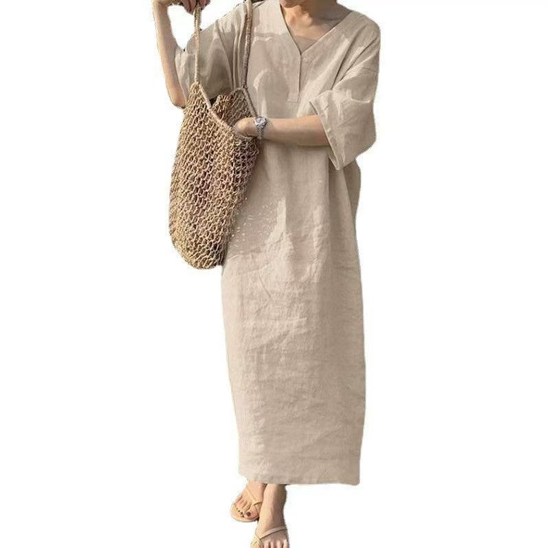 Women's Casual Linen Maxi Dress with V-Neck and Oversize Relax Fit
