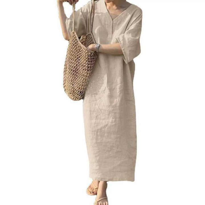Women's Casual Linen Maxi Dress with V-Neck and Oversize Relax Fit